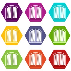 White window arched frame icon set many color hexahedron isolated on white vector illustration