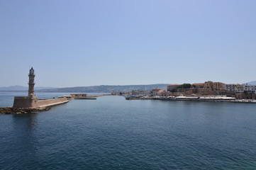 Fototapeta premium Magnificent Views Of The Antiquity Lighthouse In The Port Of Chania. History Architecture Travel. July 6, 2018. Chania, Crete Island. Greece.