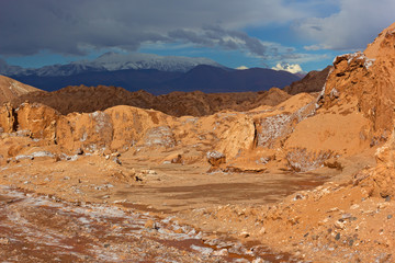 A suddenly weather changes in the Atacama Desert, Chile. Rocky desert landscape at the high altitude.
