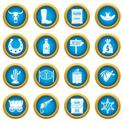 Wild west set design logo. Simple illustration of 16 wild west logo vector icons blue circle set isolated on white for digital marketing