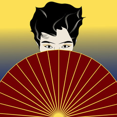 A glamorous woman covers her face with a fan in a minimalist fashion and beauty illustration.