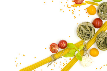 Pasta, spaghetti, tomatoes, basil are on a white background