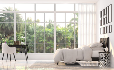 Luxury bedroom with palm garden view 3d render.The rooms have white floor and wall ,There are large window overlooks to nature outside.