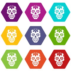 Sugar skull, flowers on the skull icon set many color hexahedron isolated on white vector illustration