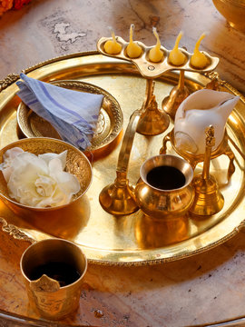 Puja tray and pharaphernaila for worship in Hare Krishna temple.