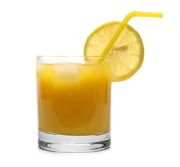 glass with orange juice and lemon isolated on white