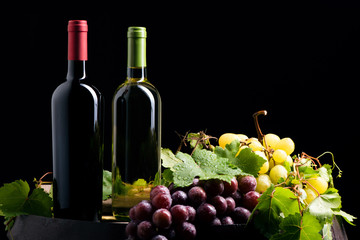Fototapeta na wymiar Two bottles of wine on dark background