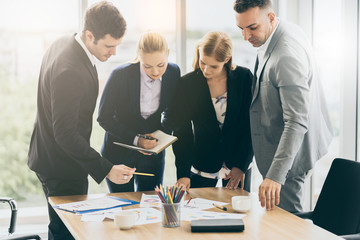 business strategy with caucasian manager meeting with focus and happiness office background