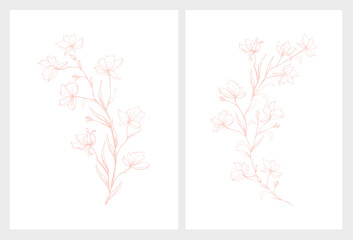 Hand Drawn Pink Flower Twigs Illustartions Set . White Background. Delicate Sketch Design.