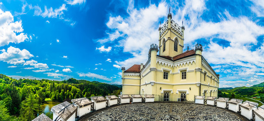 Castle Trakoscan panorama landscape. / Panorama of picturesque scenery in Trakoscan place, small tourist resort in Northern Croatia, Europe.