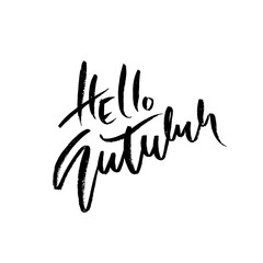 Hello autumn hand drawn lettering isolated on white background. Vector illustration. Dry brush typography poster.