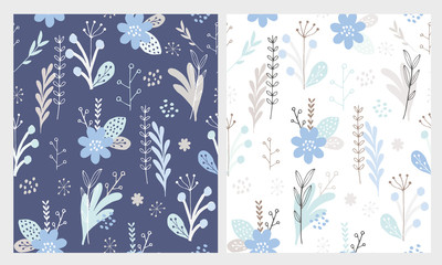 Hand Drawn Cute Floral Vector Patterns Set. Dark Blue and White Backgrounds. Pastel Blue, Grey and  Mint Green Colors. Blue Flowers, Grey Leaves and Twigs. Infantile Style.