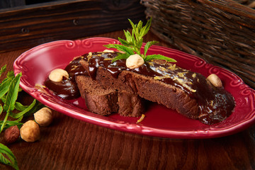 a plate of chocolate cake