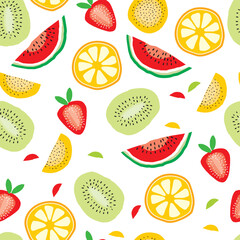 Abstract Half Cut Fruits Vector Pattern. Cute Watermelons, Strawberries, Orange and Kiwi. White Background. Simple Infantile Design. - obrazy, fototapety, plakaty