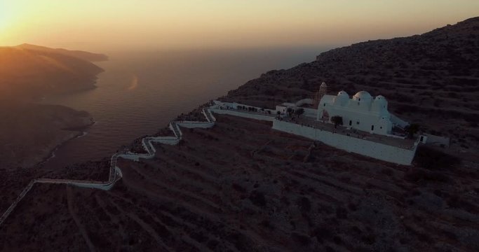 Drone Aerial of Folegandros Church at sunset