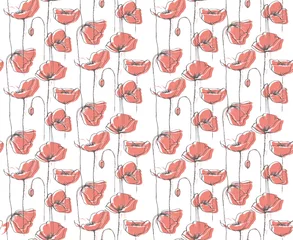 Photo sur Plexiglas Coquelicots Modèle vectoriel floral dessiné à la main. Fond blanc. Coquelicots rouges. Gris foncé abstrait douxSketch.