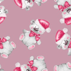 Seamless pattern with Teddy Bear in Santa Hat