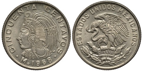 Mexico Mexican coin 50 fifty centavo 1968, Chief Cuauhtémoc left, eagle on cactus catching snake,