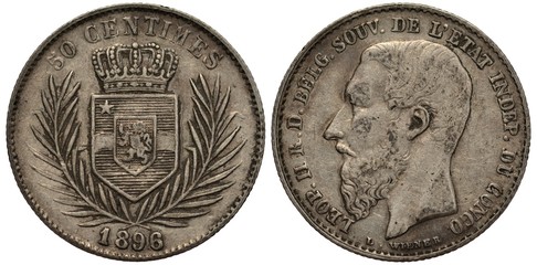 Belgian Congo silver coin 50 centimes 1896, crowned shield with lion flanked by palm springs, date below, head of emperor Leopold II, colonial time,
