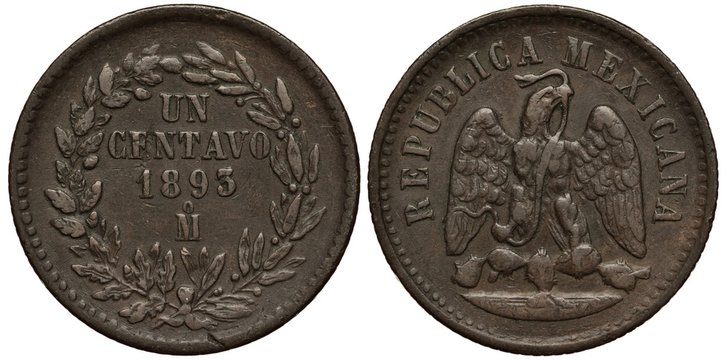 Mexico Mexican coin 1 one centavo 1893, Second Republic, face value and date flanked by laurel springs, eagle on cactus catching snake, patina,