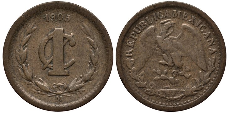 Mexico Mexican coin 1 one centavo 1906, Second Republic, face value and date flanked by laurel springs, mint mark below, eagle on cactus catching snake, 