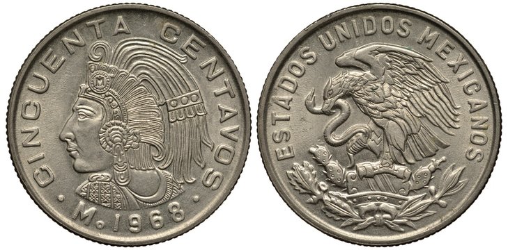 Mexico Mexican coin 50 fifty centavo 1968, Chief Cuauht&eacute;moc left, eagle on cactus catching snake,