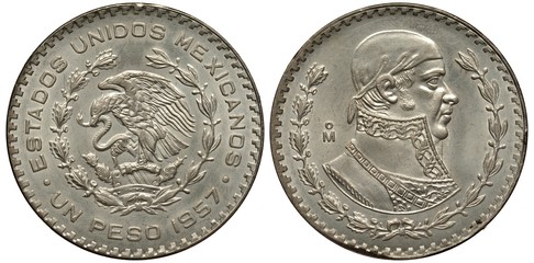 Mexico Mexican silver coin 1 one peso 1957, eagle on cactus catching snake flanked by springs, bust of Hose Maria Morelos y Pavone right, patina,