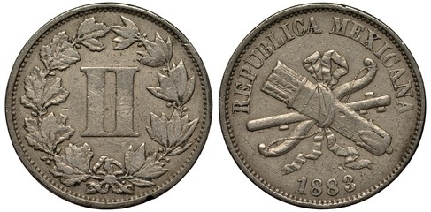 Mexico Mexican coin 2 two centavos 1883, Second Republic, face value flanked by oak and laurel springs, bow and quiver tied with ribbon, 