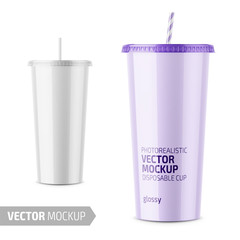 White disposable glossy cup with lid and straw.
