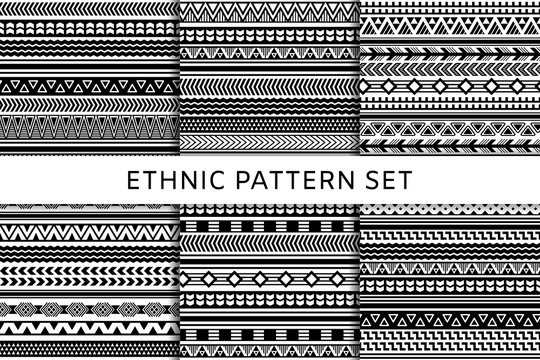 Ethnic boho tribal indian seamless patterns set. Black and white patterns for textile design. Vector illustration. 