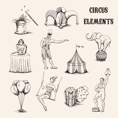 Vector hand drawn circus elements set. Acrobat, elephant, popcorn, baloons, cilinder hat and magic wand isolated on white background illustration - obrazy, fototapety, plakaty