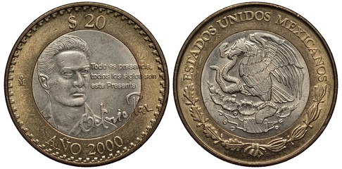 Mexico Mexican bimetallic coin 20 twenty pesos 2000, subject Writer Octavio Paz, bust in 3/4 right,...