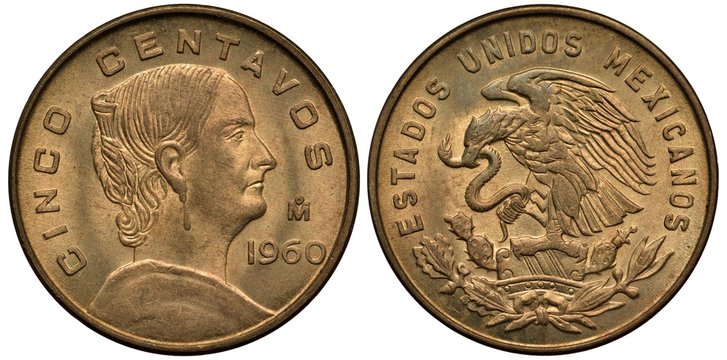 Mexico Mexican coin 5 five centavo 1960, bust of insurgent Josefa Dominguez right, eagle on cactus catching snake, 