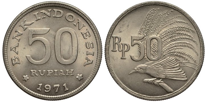 Indonesia Indonesian coin 50 fifty rupees 1971, value and date flanked by stars, bird of paradise left,
