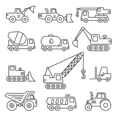 Construction machinery related icons: thin vector icon set, black and white kit