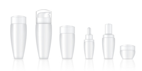 Mock up Realistic White Cosmetic Soap, Shampoo, Cream, Perfume and Dropper Bottles Product Set Background Illustration