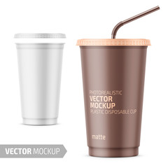 White disposable plastic cup with lid and straw.