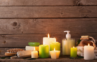Beautiful composition of spa treatment on dark wooden  background