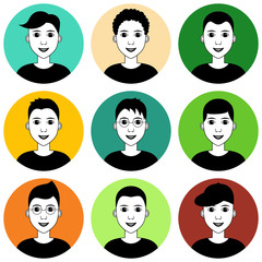 Young man avatar set. Diverse haircuts, style, hairstyle. Vector clipart illustration. Black and white graphics with color isolated on white background