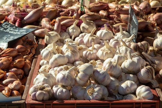 New harvest of fresh garlic for sale on local market in Provence, France