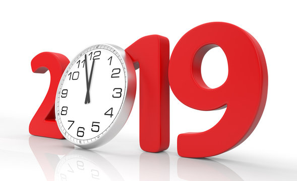Happy New Year 2019 concept with clock, isolated on white background. 3D rendering