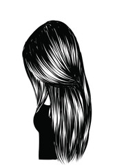 illustration of a girl with long flowing hair covering her face.Hand drawn vector idea for business visit cards, templates, web, salon banners,brochures