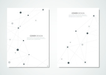 Technology and science vector brochure or cover design. Geometric abstract background with connected lines and dots.