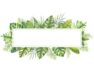 Watercolor hand painted frame with tropical green leaves and branches. Frame for wedding invitations, save the date or greeting cards..