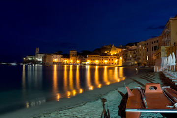 Romantic Time at The Bay of Sestri Levante at the Blue Hour in Summer