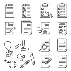 Documents related icons: thin vector icon set, black and white kit
