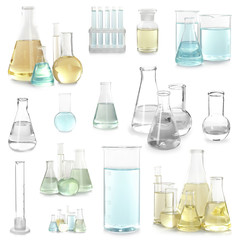 Set with laboratory glassware for chemical analysis on white background