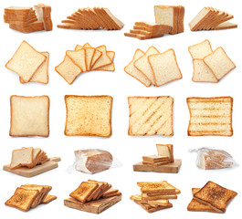 Set with delicious toast bread slices on white background