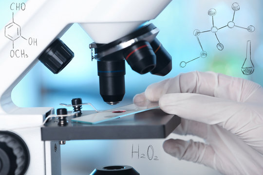Scientist performing laboratory analysis, closeup. Chemical formulas on background