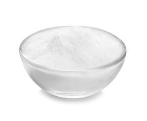 Bowl with baking soda on white background